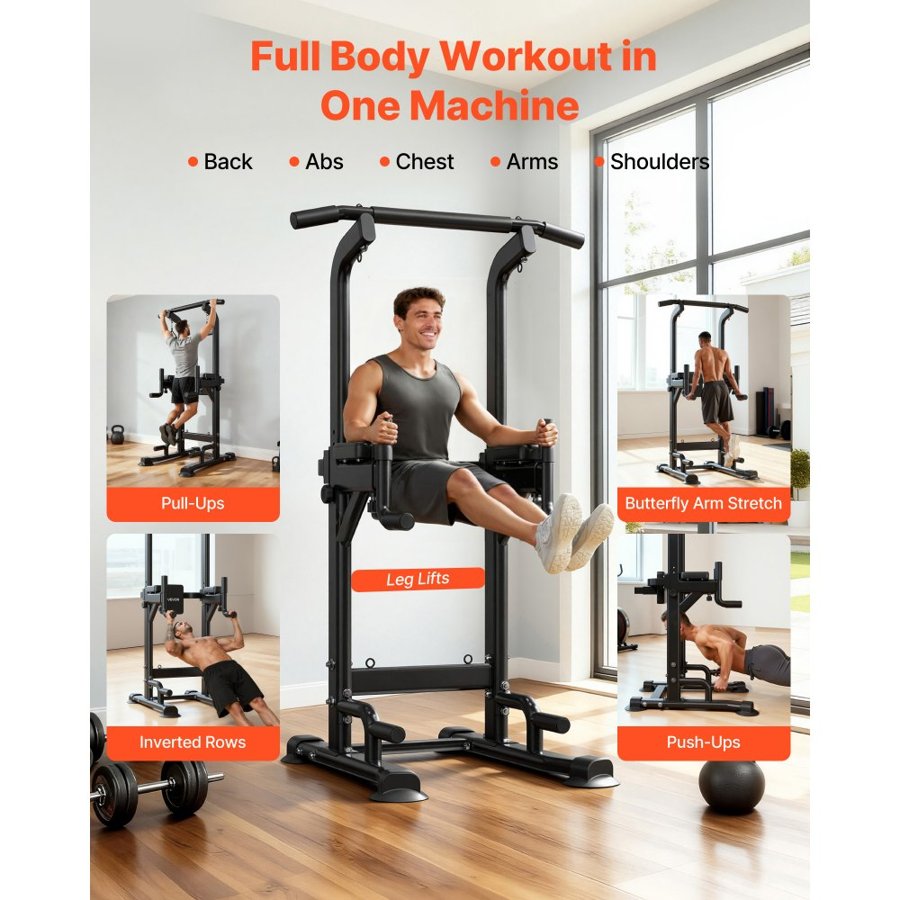 VEVOR Pull Up Bar, 150kg Power Tower Dip Station, Workout Dip Station with H-Shaped Stable Base & Back Pad, Adjustable 12 Level Height Free Standing Chin Up Bar for Back, 4-Level Adjustable Back Pad