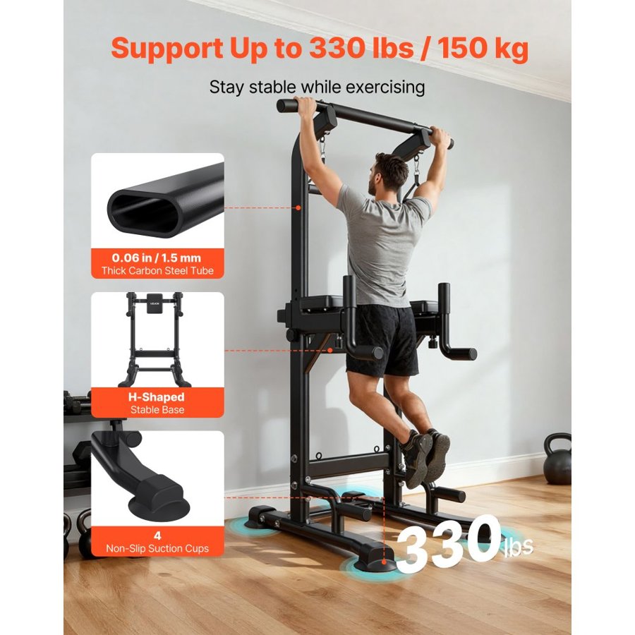 VEVOR Pull Up Bar, 150kg Power Tower Dip Station, Workout Dip Station with H-Shaped Stable Base & Back Pad, Adjustable 12 Level Height Free Standing Chin Up Bar for Back, 4-Level Adjustable Back Pad