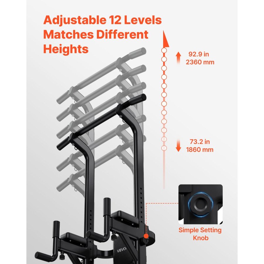 VEVOR Pull Up Bar, 150kg Power Tower Dip Station, Workout Dip Station with H-Shaped Stable Base & Back Pad, Adjustable 12 Level Height Free Standing Chin Up Bar for Back, 4-Level Adjustable Back Pad