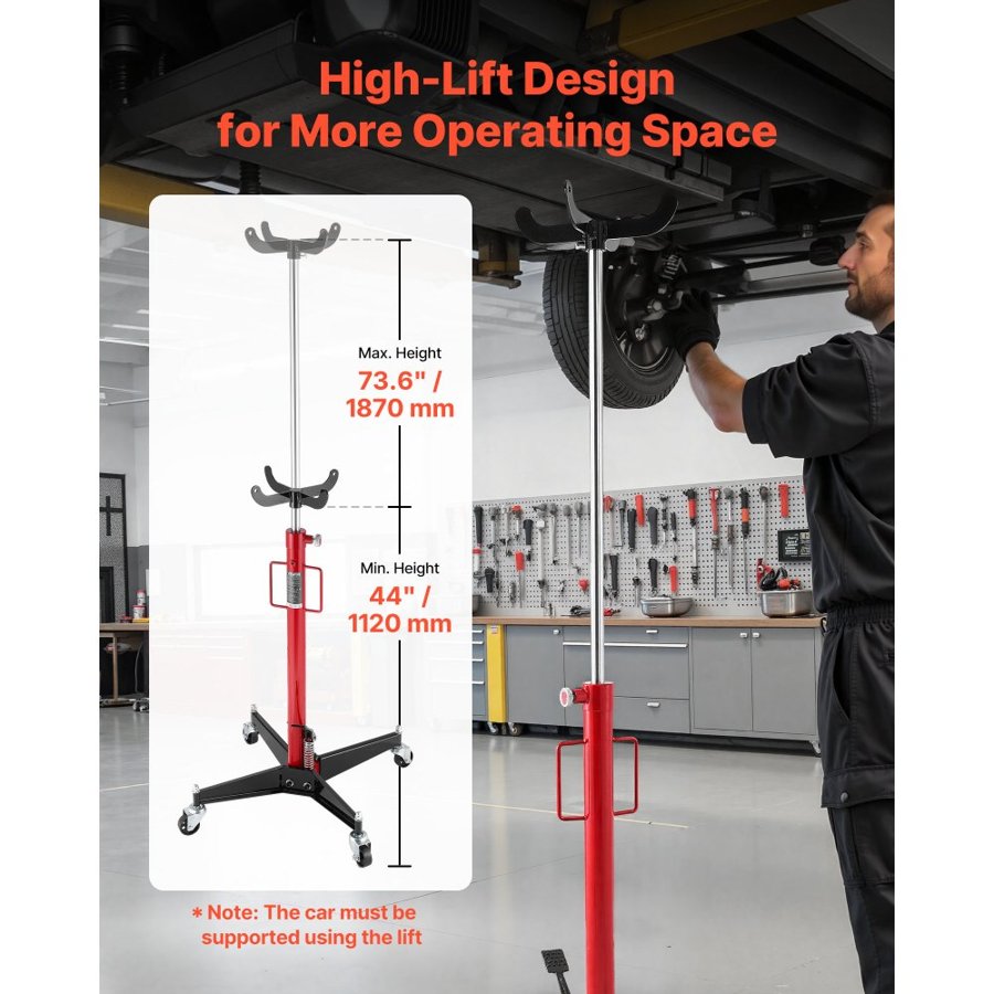 VEVOR Hydraulic Transmission Jack, 1100 lbs / 0.5 Ton Lifting Capacity Telescoping Transmission Jack with Foot Pedal, 360° Swivel Wheel, 112-187 cm High Lifting Height, Lift Hoist for Garage/Shop