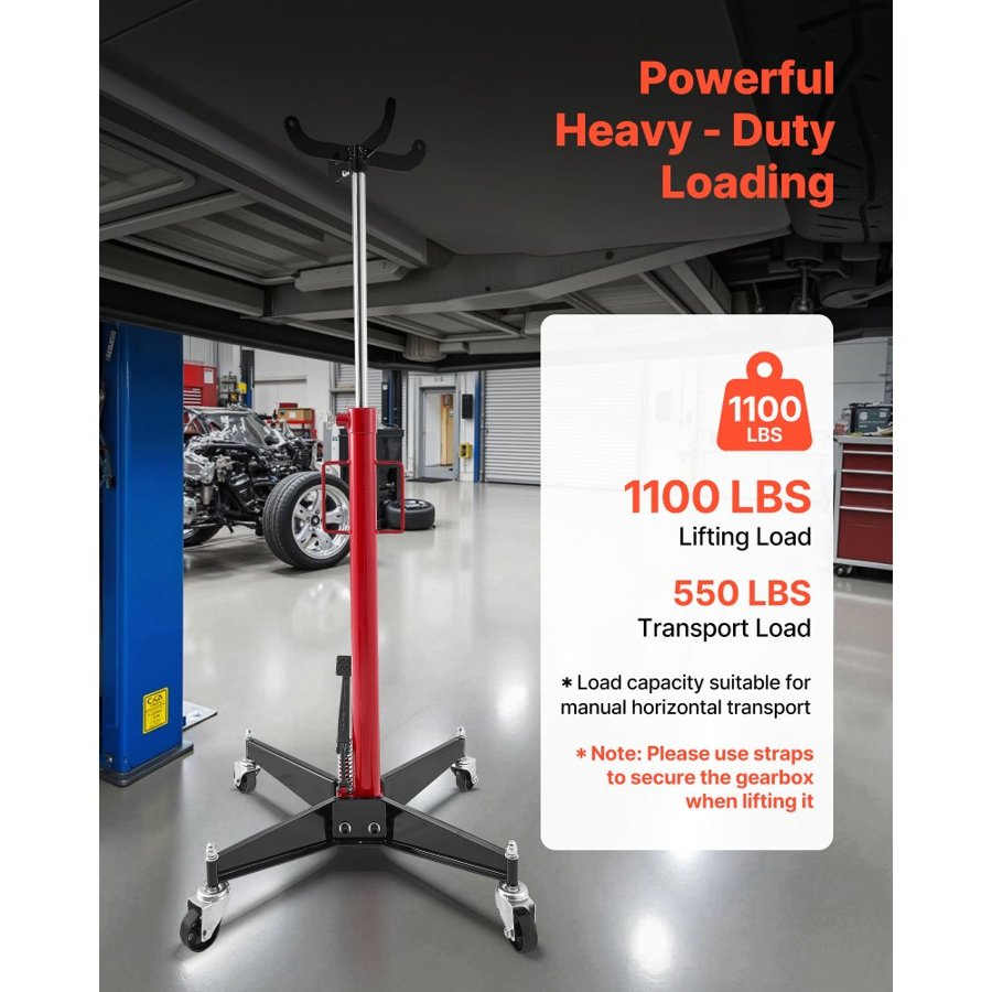 VEVOR Hydraulic Transmission Jack, 1100 lbs / 0.5 Ton Lifting Capacity Telescoping Transmission Jack with Foot Pedal, 360° Swivel Wheel, 112-187 cm High Lifting Height, Lift Hoist for Garage/Shop