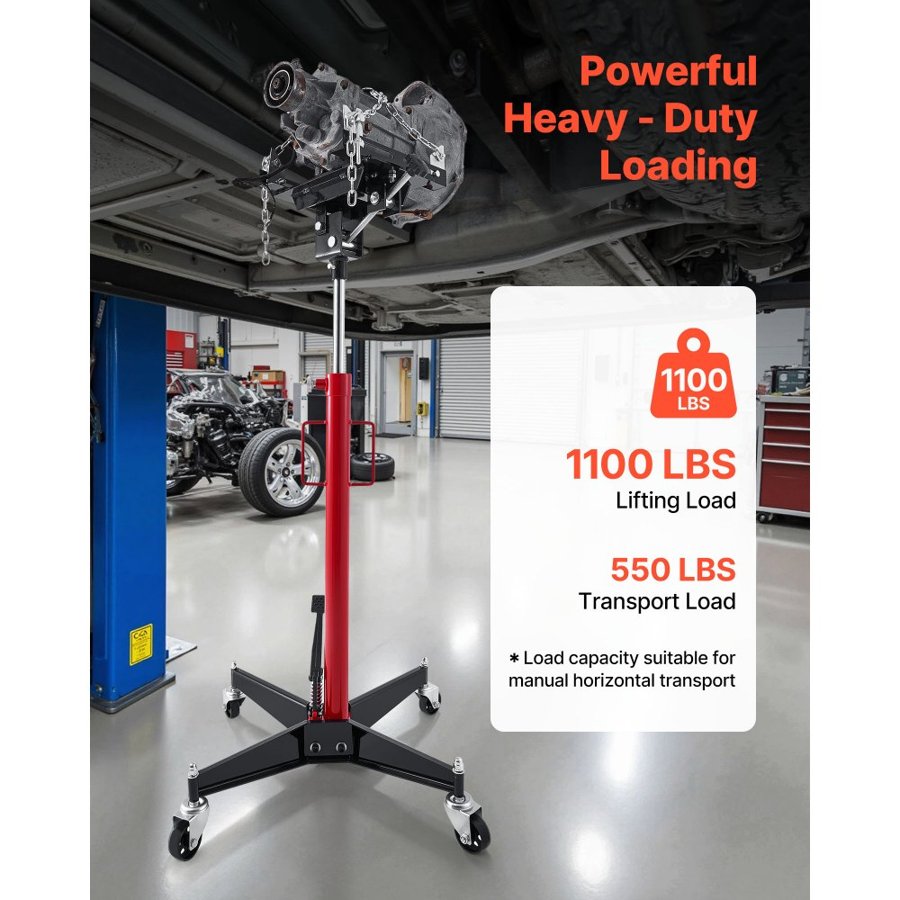VEVOR Hydraulic Transmission Jack, 1100 lbs / 0.5 Ton Lifting Capacity Telescoping Transmission Jack with Foot Pedal, 360° Swivel Wheel, 127-202 cm High Lifting Height, Lift Hoist for Garage/Shop