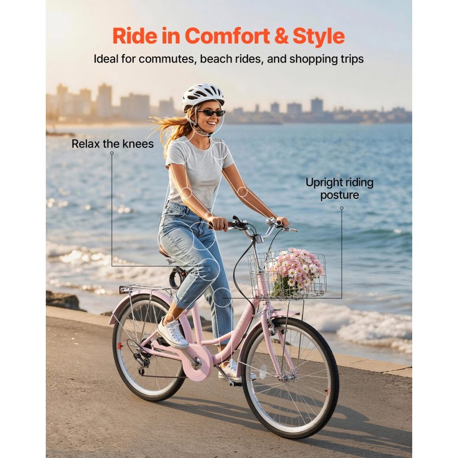 VEVOR Women Bike, 61cm Beach Cruiser Bike, 7-Speed Adult City Bicycle with Carbon Steel Frame, 150kg Capacity, Basket, Rear Rack & Dual V-Brakes, Pink