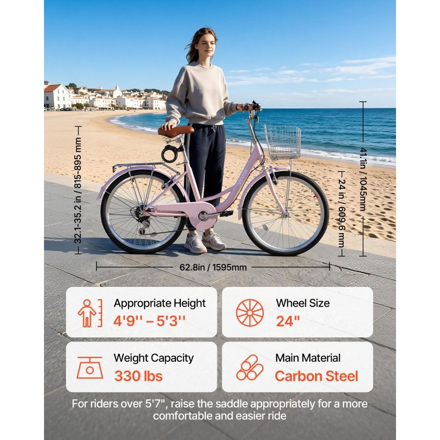 VEVOR Women Bike, 61cm Beach Cruiser Bike, 7-Speed Adult City Bicycle with Carbon Steel Frame, 150kg Capacity, Basket, Rear Rack & Dual V-Brakes, Pink