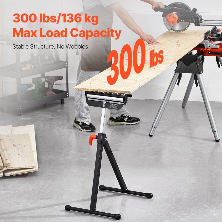 VEVOR Roller Stand, 136 kg(300 lb) Load Capacity, 68-108 cm(26.8-42.5 in) Adjustable Height, Folding Heavy Duty with 29.2 cm(11.5 inch) Polished Multi-directional Roller Head, for Table Saw Outfeed Woodworking Extension Support