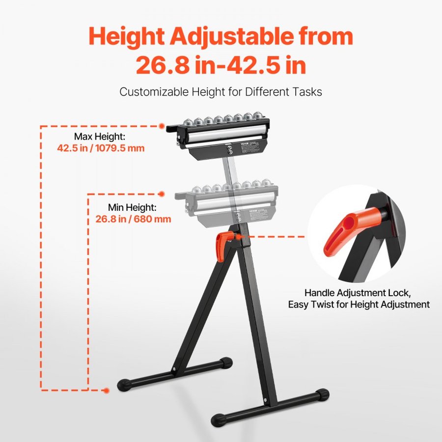 VEVOR Roller Stand, 136 kg(300 lb) Load Capacity, 68-108 cm(26.8-42.5 in) Adjustable Height, Folding Heavy Duty with 29.2 cm(11.5 inch) Polished Multi-directional Roller Head, for Table Saw Outfeed Woodworking Extension Support