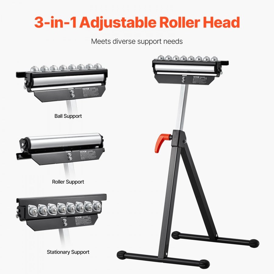 VEVOR Roller Stand, 136 kg(300 lb) Load Capacity, 68-108 cm(26.8-42.5 in) Adjustable Height, Folding Heavy Duty with 29.2 cm(11.5 inch) Polished Multi-directional Roller Head, for Table Saw Outfeed Woodworking Extension Support