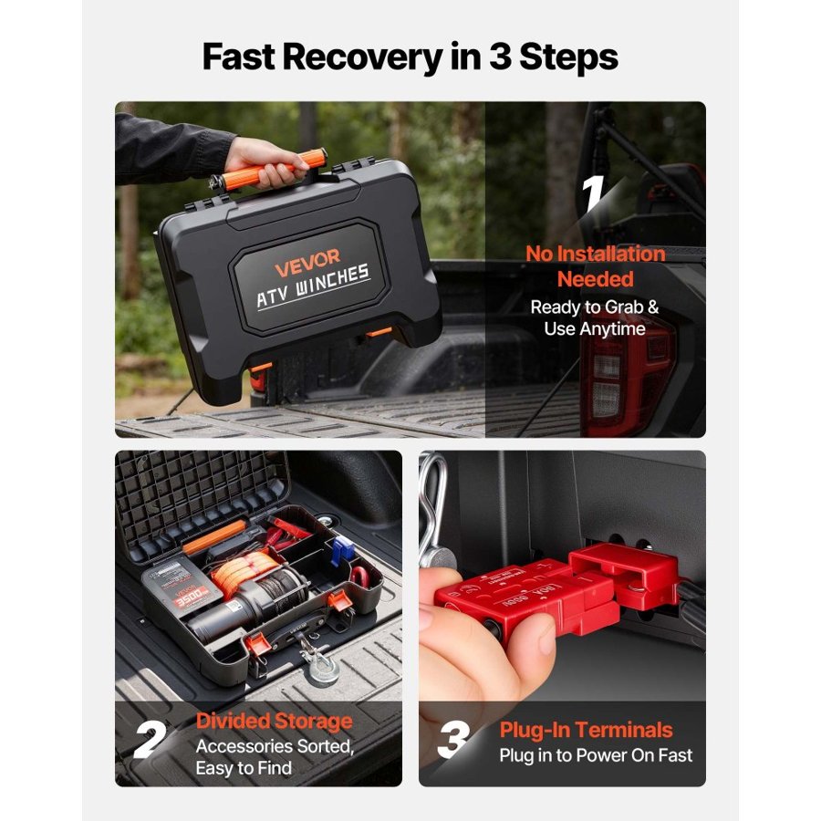 VEVOR Portable Winch, 1587 kg 12V DC Electric Winch with Synthetic Rope, Wireless & Wired Remotes, Box-Style Recovery Kit with Fairlead, Clevis Hook, Strap for ATV UTV Off-Road Outdoor Pulling Tasks