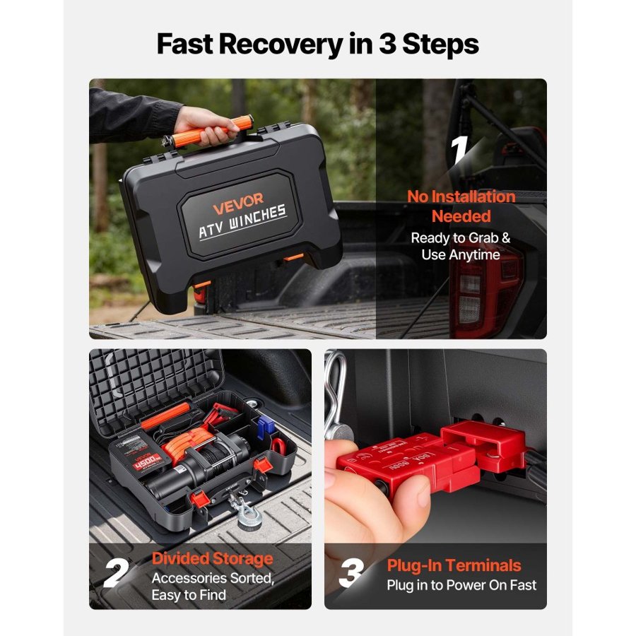 VEVOR Portable Winch, 2041 kg 12V DC Electric Winch with Synthetic Rope, Wireless & Wired Remotes, Box-Style Recovery Kit with Fairlead, Clevis Hook, Strap for ATV UTV Off-Road Outdoor Pulling Tasks