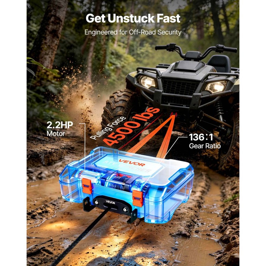 VEVOR Portable Winch, 2041 kg 12V DC Electric Winch with Synthetic Rope, Wireless & Wired Remotes, Box-Style Recovery Kit with Fairlead, Clevis Hook, Strap for ATV UTV Off-Road Outdoor Pulling Tasks