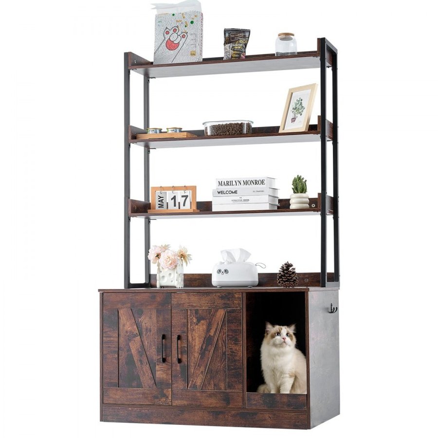 VEVOR Cat Litter Box Enclosure, Hidden Litter Box Furniture with 3 Storage Shelves, Wooden Cat Washroom Indoor, Large Cat House Cabinet Hidden Fit Most Litter Box, 33.5"L x 19.3"W x 58.7"H, Dark Brown