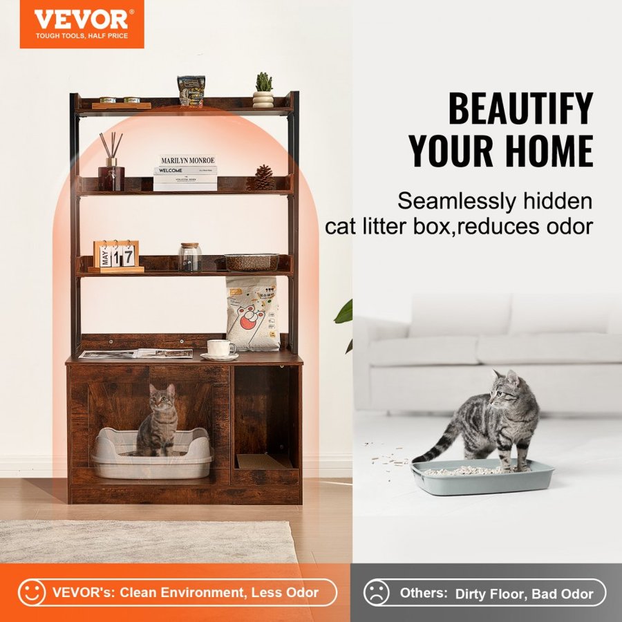 VEVOR Cat Litter Box Enclosure, Hidden Litter Box Furniture with 3 Storage Shelves, Wooden Cat Washroom Indoor, Large Cat House Cabinet Hidden Fit Most Litter Box, 33.5"L x 19.3"W x 58.7"H, Dark Brown