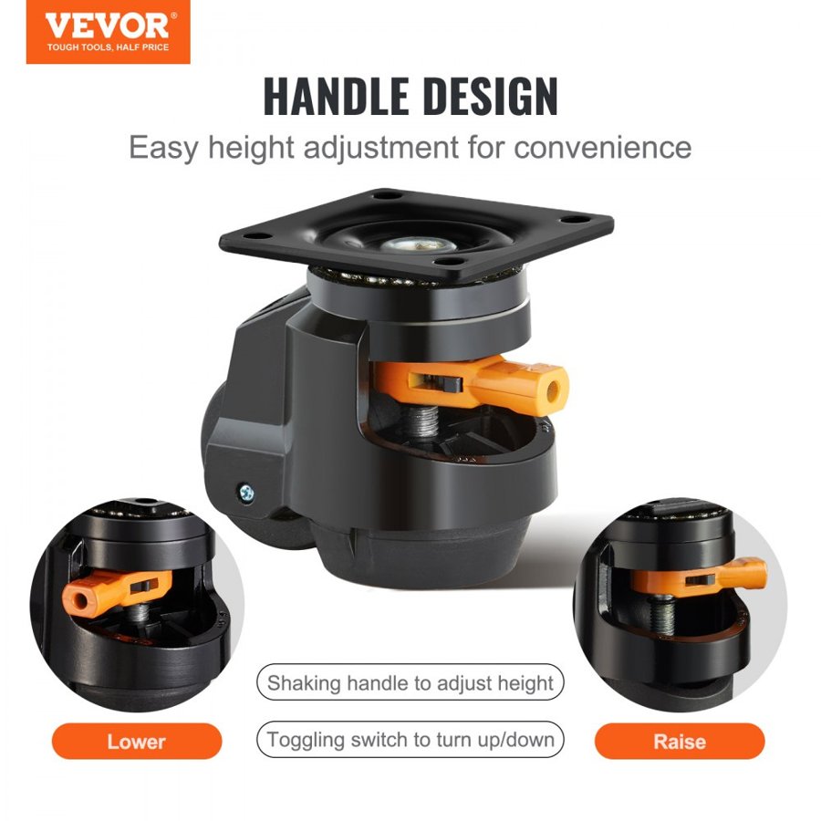 VEVOR Leveling Casters, Set of 19141.6 kg Total Load Capacity, 6.3 cm, Heavy Duty with Upgraded Handle Design, 360 Degree Swivel Caster Wheels, Adjustable Casters with Feet for Workbench, Machine