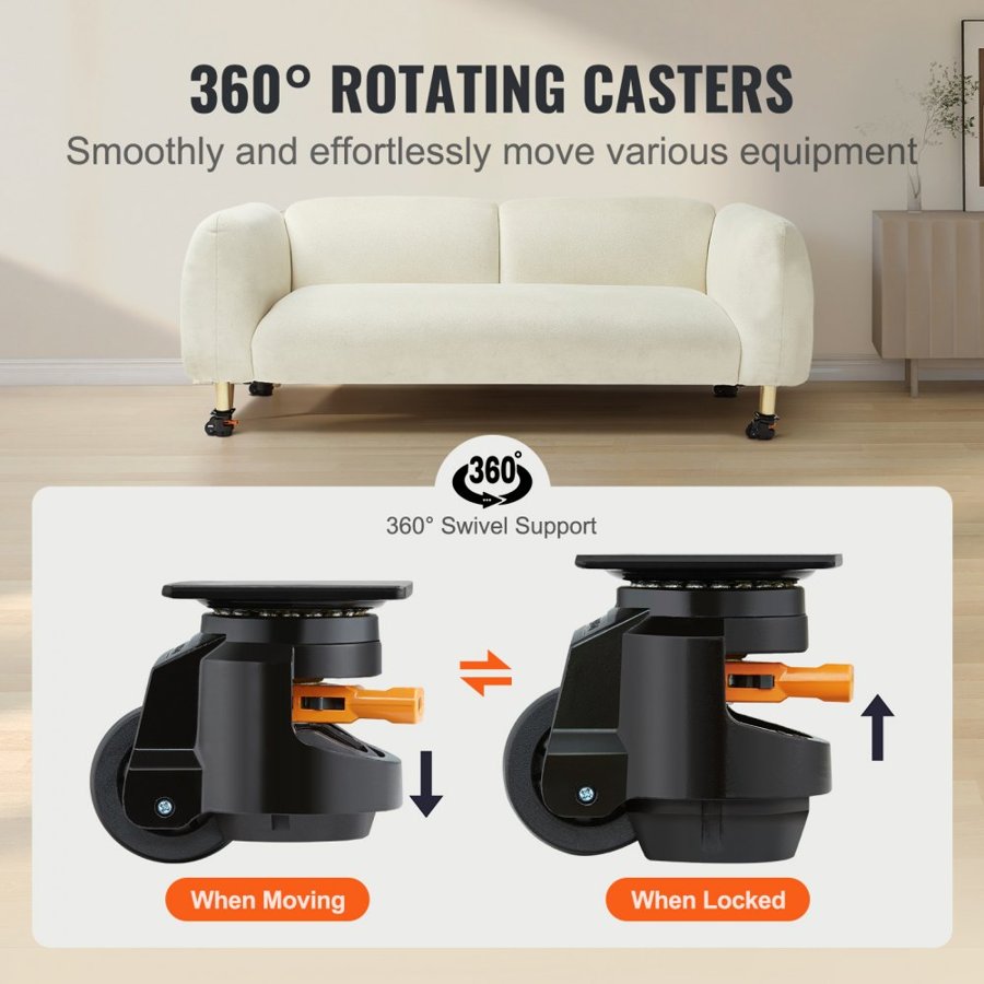 VEVOR Leveling Casters, Set of 19141.6 kg Total Load Capacity, 6.3 cm, Heavy Duty with Upgraded Handle Design, 360 Degree Swivel Caster Wheels, Adjustable Casters with Feet for Workbench, Machine