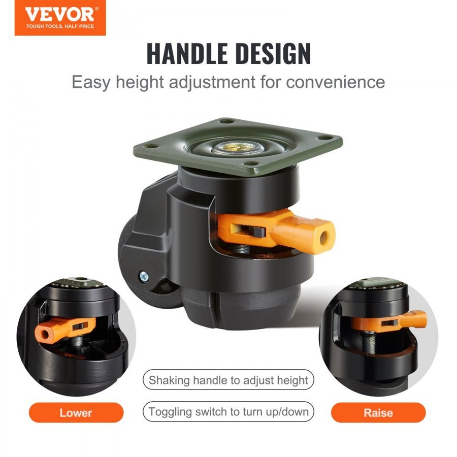 VEVOR Leveling Casters, Set of 4, 499 kg Total Load Capacity, 5.1 cm, Heavy Duty with Upgraded Handle Design, 360 Degree Swivel Caster Wheels, Adjustable Casters with Feet for Workbench, Machine