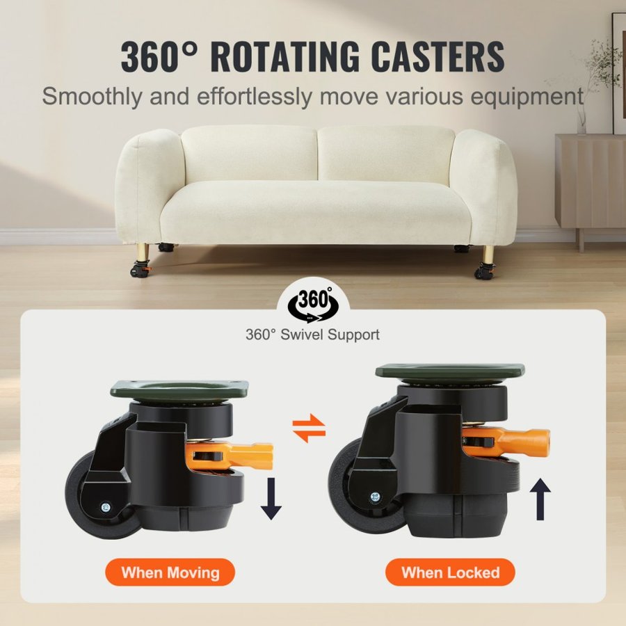 VEVOR Leveling Casters, Set of 4, 499 kg Total Load Capacity, 5.1 cm, Heavy Duty with Upgraded Handle Design, 360 Degree Swivel Caster Wheels, Adjustable Casters with Feet for Workbench, Machine