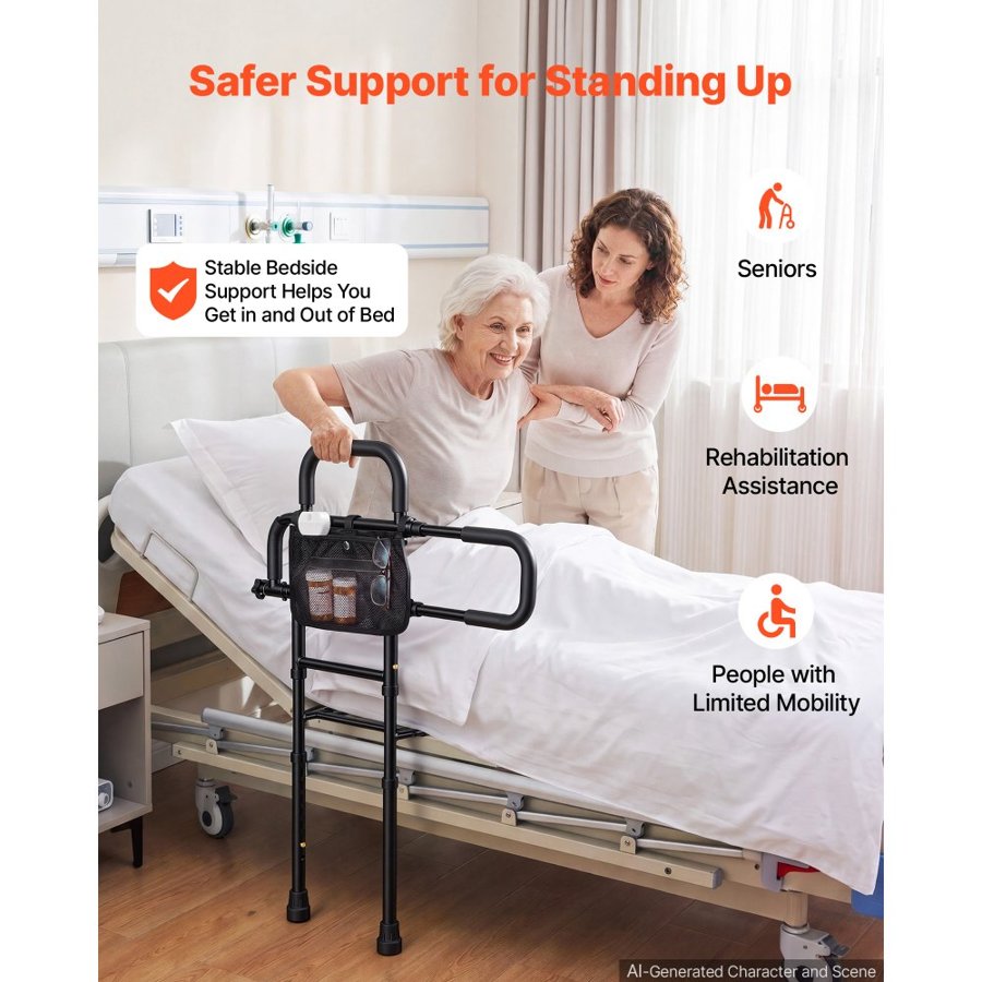 VEVOR Bed Rails for Elderly Adults Bed Side Assist Rail with Floor Support, Motion Sensor LED Light, 136kg Dual-Handle Support, Adjustable Handle Length, Storage Pocket, Fits King Queen Full Twin Bed