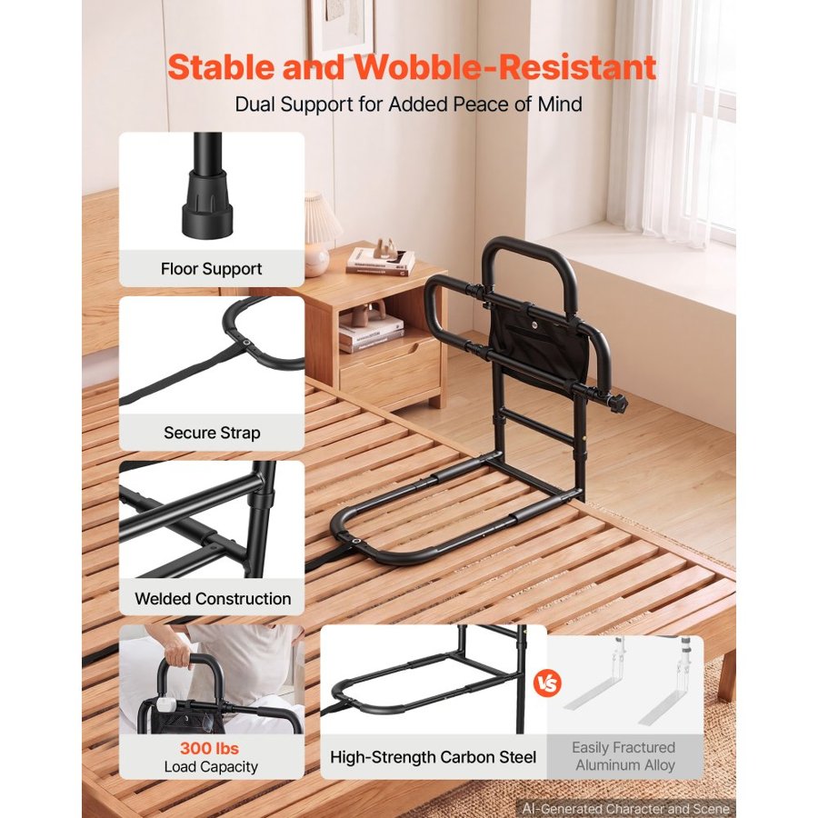 VEVOR Bed Rails for Elderly Adults Bed Side Assist Rail with Floor Support, Motion Sensor LED Light, 136kg Dual-Handle Support, Adjustable Handle Length, Storage Pocket, Fits King Queen Full Twin Bed