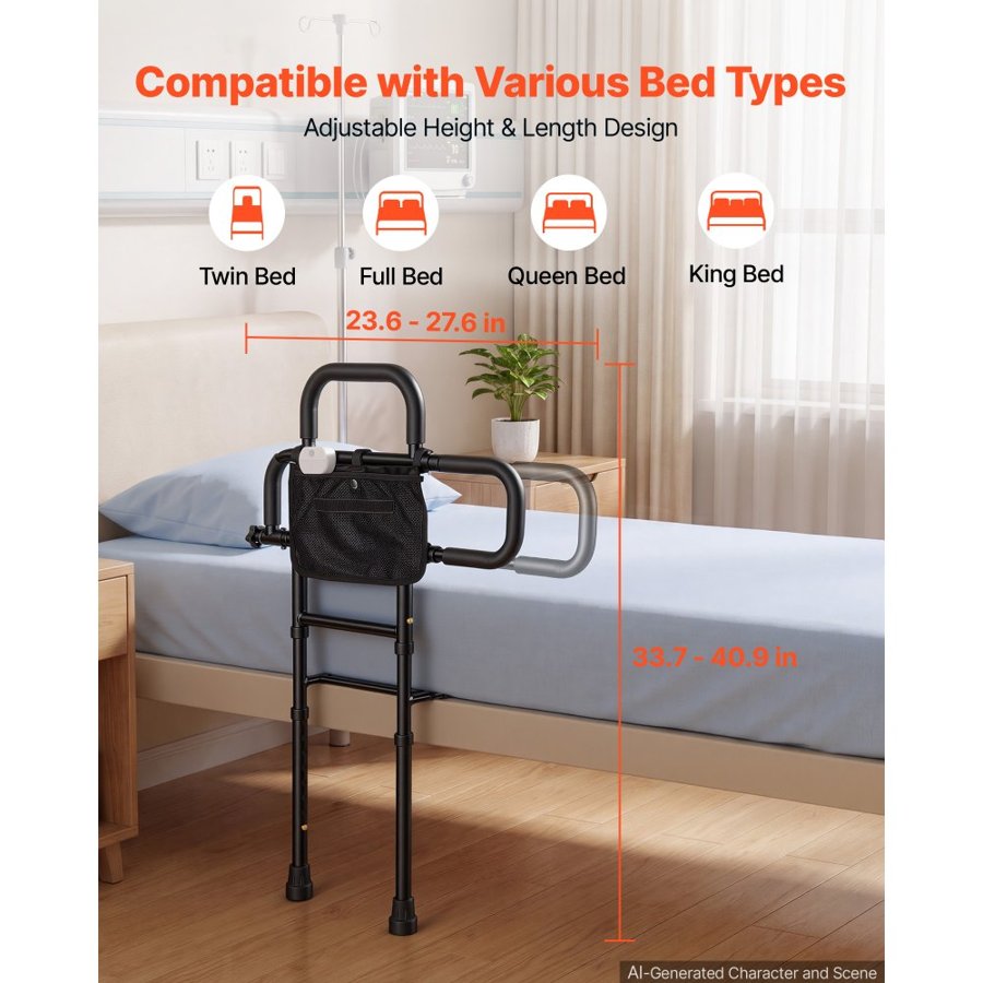 VEVOR Bed Rails for Elderly Adults Bed Side Assist Rail with Floor Support, Motion Sensor LED Light, 136kg Dual-Handle Support, Adjustable Handle Length, Storage Pocket, Fits King Queen Full Twin Bed