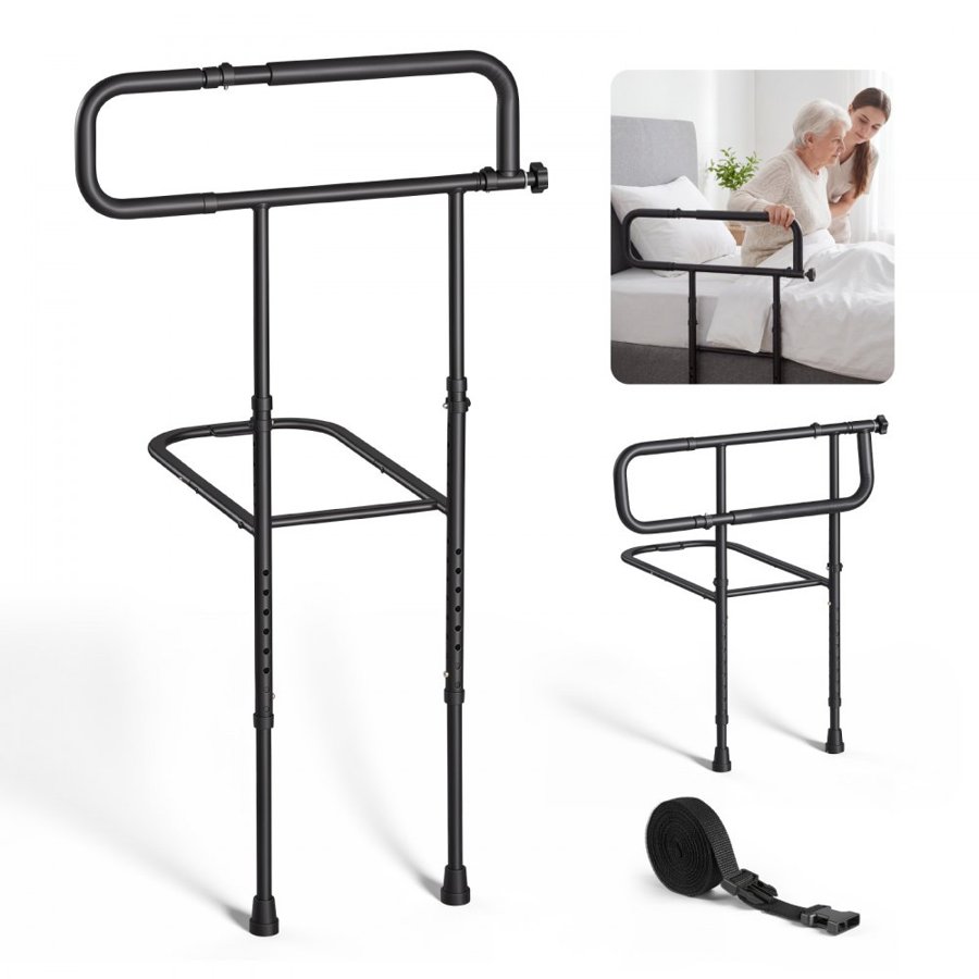 VEVOR Bed Rails for Elderly Adults Folding Bed Side Rail with Floor Support, Length & Height Adjustable, High-Strength Steel Bedside Assist Cane, Fits King Queen Full Twin Bed, 136kg Strong Capacity