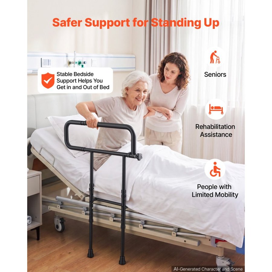VEVOR Bed Rails for Elderly Adults Folding Bed Side Rail with Floor Support, Length & Height Adjustable, High-Strength Steel Bedside Assist Cane, Fits King Queen Full Twin Bed, 136kg Strong Capacity