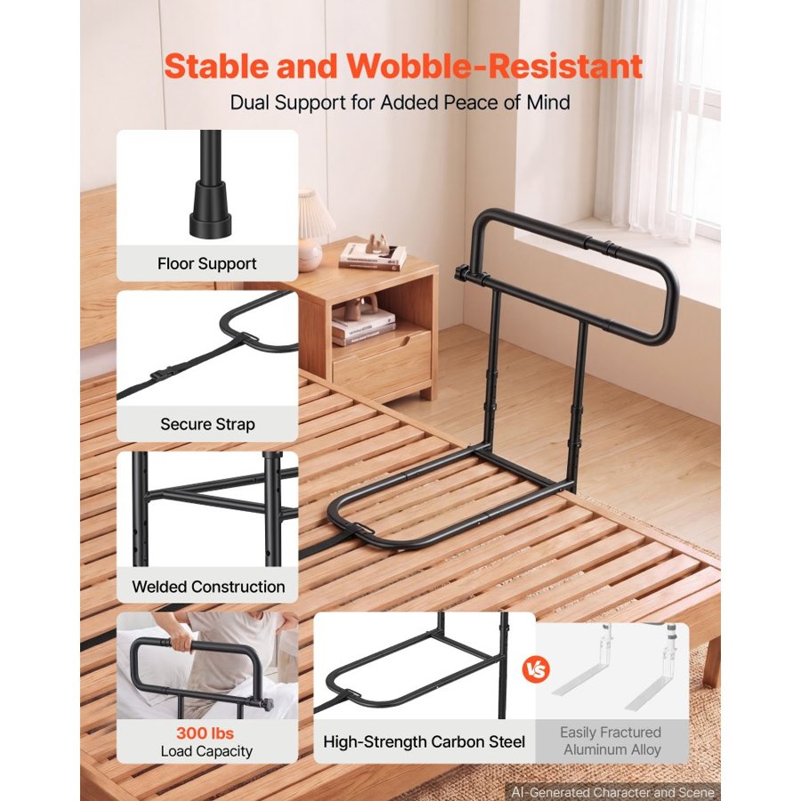 VEVOR Bed Rails for Elderly Adults Folding Bed Side Rail with Floor Support, Length & Height Adjustable, High-Strength Steel Bedside Assist Cane, Fits King Queen Full Twin Bed, 136kg Strong Capacity