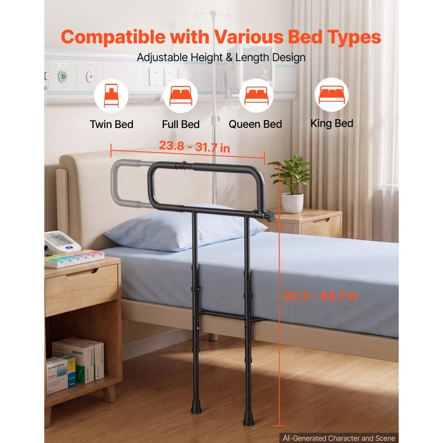 VEVOR Bed Rails for Elderly Adults Folding Bed Side Rail with Floor Support, Length & Height Adjustable, High-Strength Steel Bedside Assist Cane, Fits King Queen Full Twin Bed, 136kg Strong Capacity