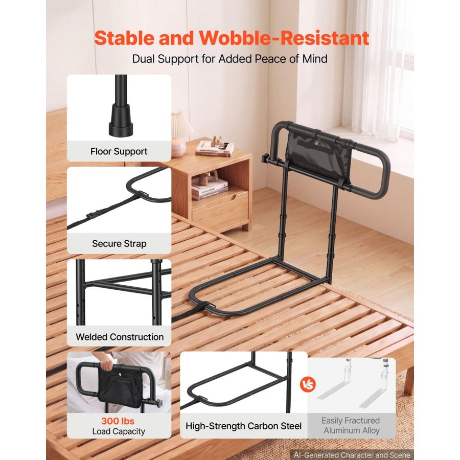 VEVOR Bed Rails for Elderly Adults Folding Bed Side Rail with Floor Support, Length & Height Adjustable, 136kg Strong Capacity, Bedside Assist Cane with Storage Pocket, Fits King Queen Full Twin Bed