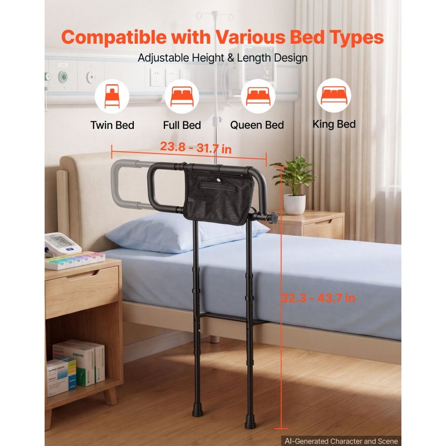 VEVOR Bed Rails for Elderly Adults Folding Bed Side Rail with Floor Support, Length & Height Adjustable, 136kg Strong Capacity, Bedside Assist Cane with Storage Pocket, Fits King Queen Full Twin Bed