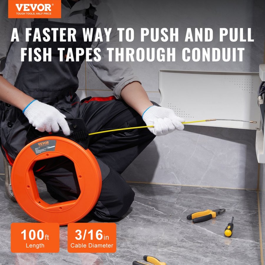 VEVOR Fish Tape, 30.5m, 4.8mm, Fiberglass Wire Puller with Optimized Housing and Handle, Easy-to-Use Cable Puller Tool, Flexible Wire Fishing Tools for Wall and Electrical Conduit, Non-Conductive