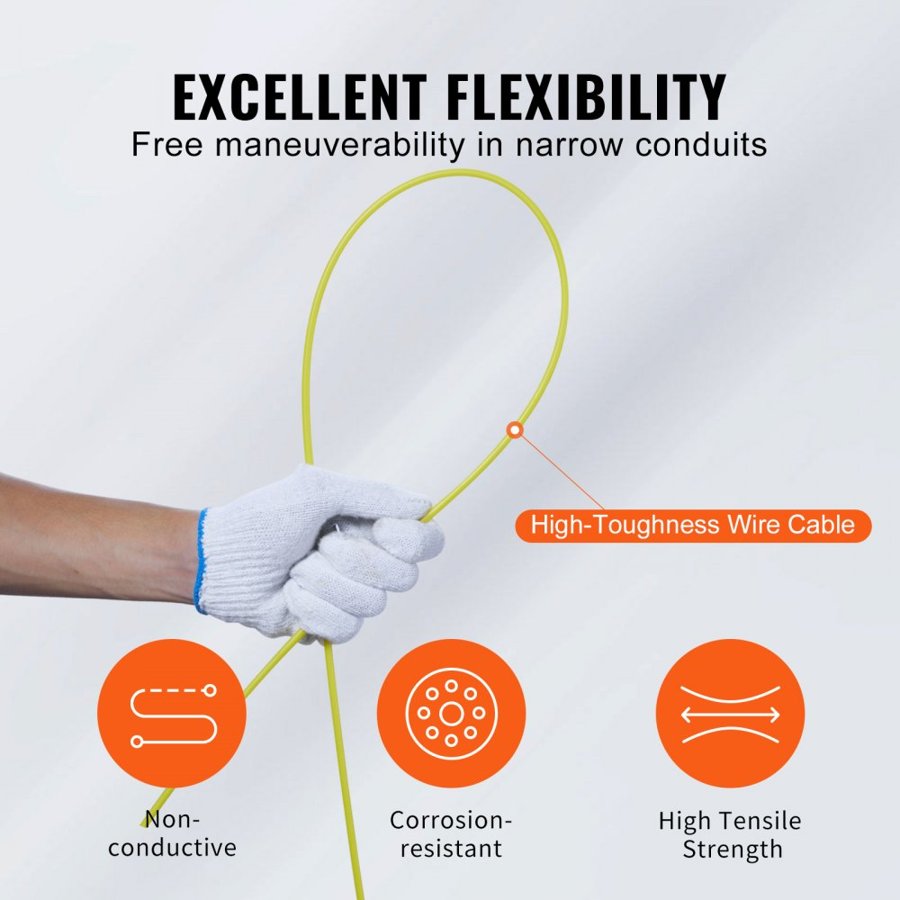 VEVOR Fish Tape, 30.5m, 4.8mm, Fiberglass Wire Puller with Optimized Housing and Handle, Easy-to-Use Cable Puller Tool, Flexible Wire Fishing Tools for Wall and Electrical Conduit, Non-Conductive