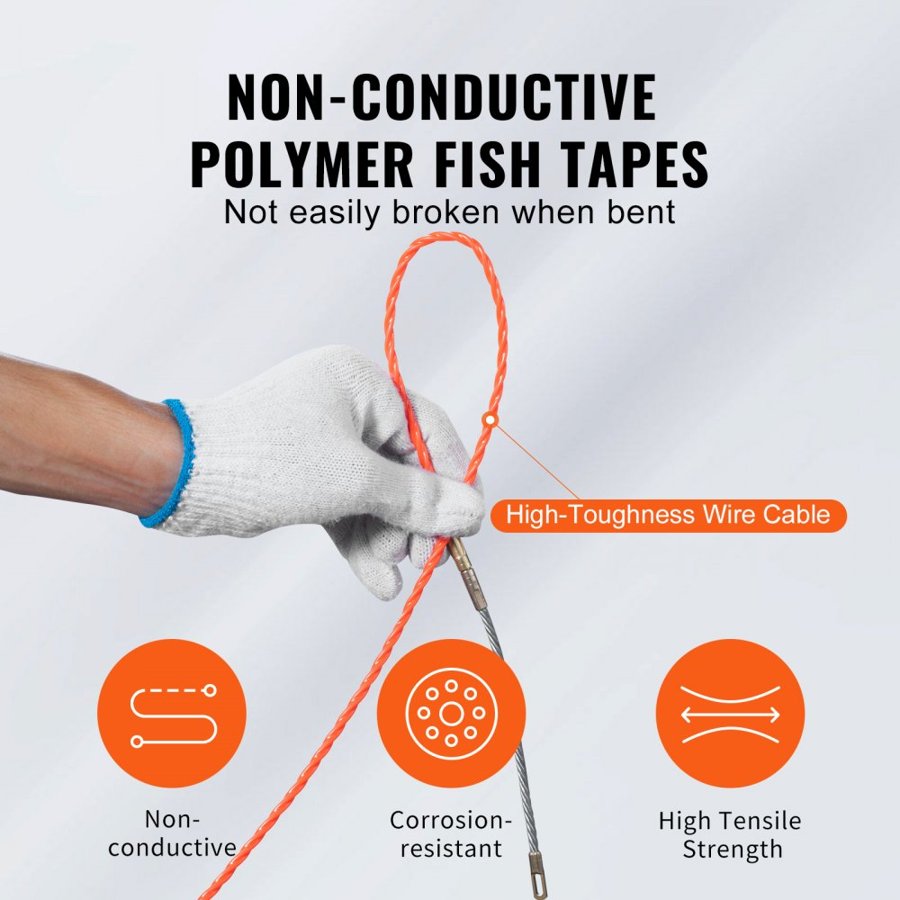 VEVOR Fish Tape, 38.1m, 4.5mm, PET Wire Puller with Optimized Housing and Handle, Easy-to-Use Cable Puller Tool, Flexible Wire Fishing Tools for Walls and Electrical Conduit, Non-Conductive