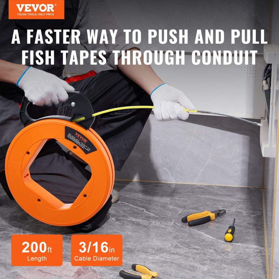 VEVOR Fish Tape Wire Cable Line Puller 60,96 m 4,7 mm (200ft 3/16in) Fiberglass High Plastic Case