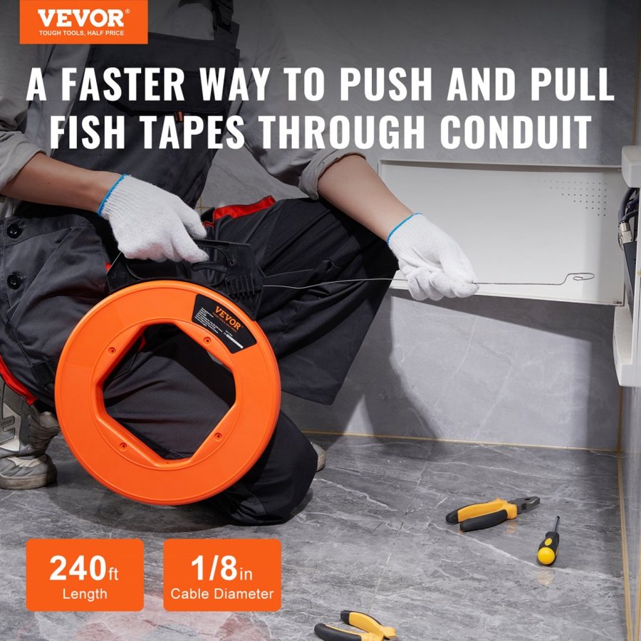 VEVOR Fish Tape, 73.2m 3mm (240-foot, 1/8-inch), Steel Wire Puller with Optimized Housing and Handle, Easy-to-Use Cable Puller Tool, Flexible Wire Fishing Tools for Walls and Electrical Conduit, Non-Conductive