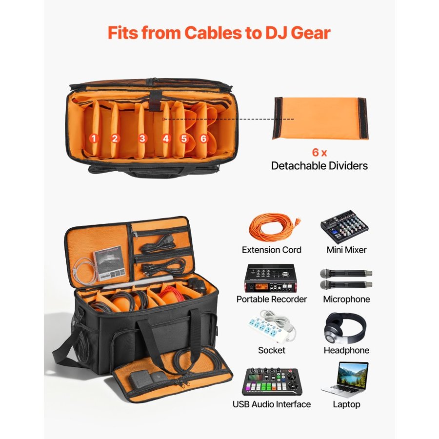 VEVOR DJ Cable Bag – 1680D, 6 Dividers, Wheels, 20×9.4×10.4"