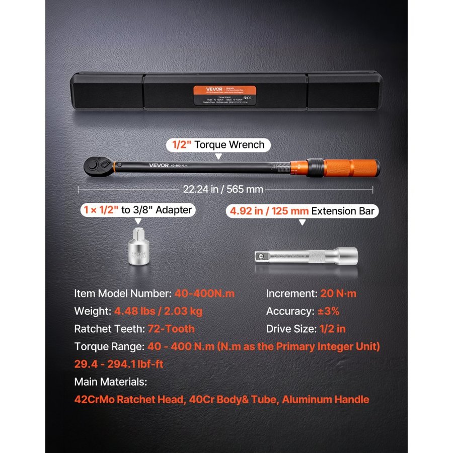 VEVOR Torque Wrench 1/2-inch Drive Click Torque Wrench ±3% High Precision, 29.4-294.1 lbf-ft / 40-400 N.m, Dual Scale Readings, with Extension Bar, Adapter and Storage Case, for Automotive Repair