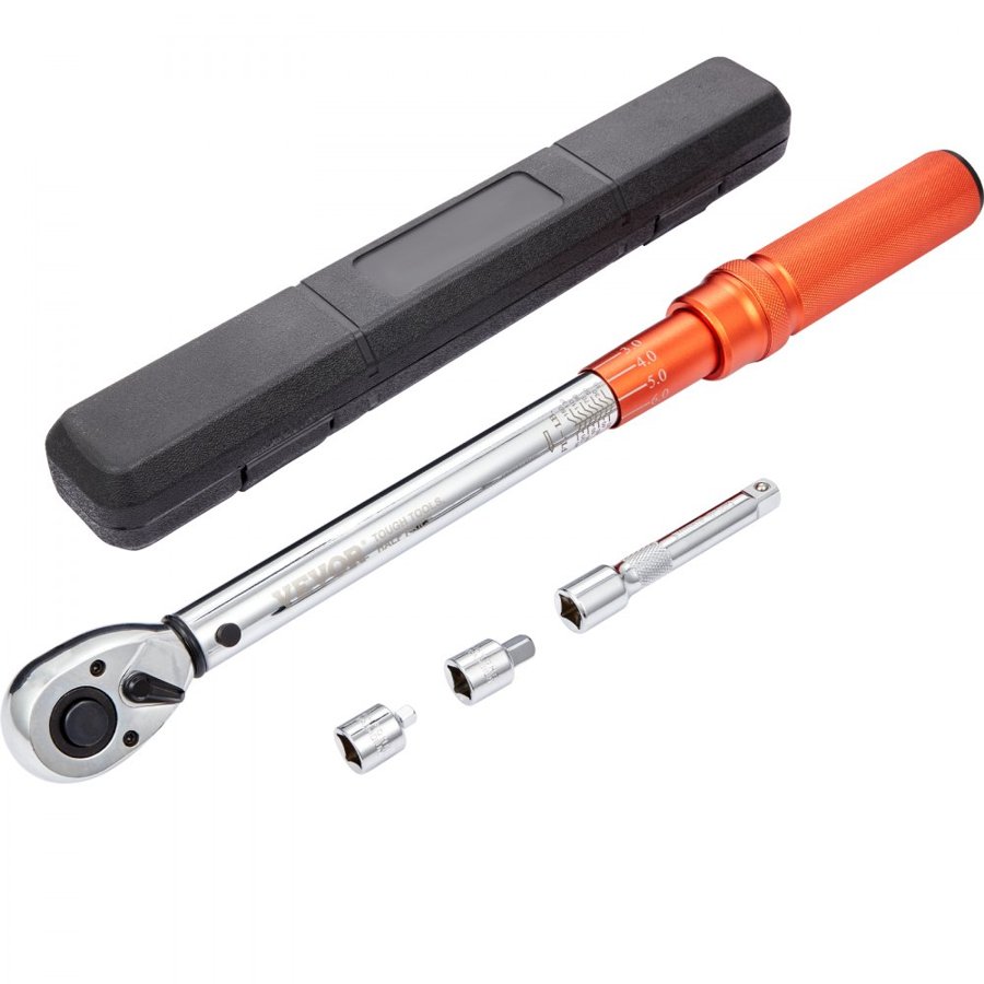 VEVOR Torque Wrench, 1.3 cm Drive Click Torque Wrench 10-150ft.lb/14-204n.m, Dual-Direction Adjustable Torque Wrench Set, Mechanical Dual Range Scales Torque Wrench Kit with Adapters Extension Rod