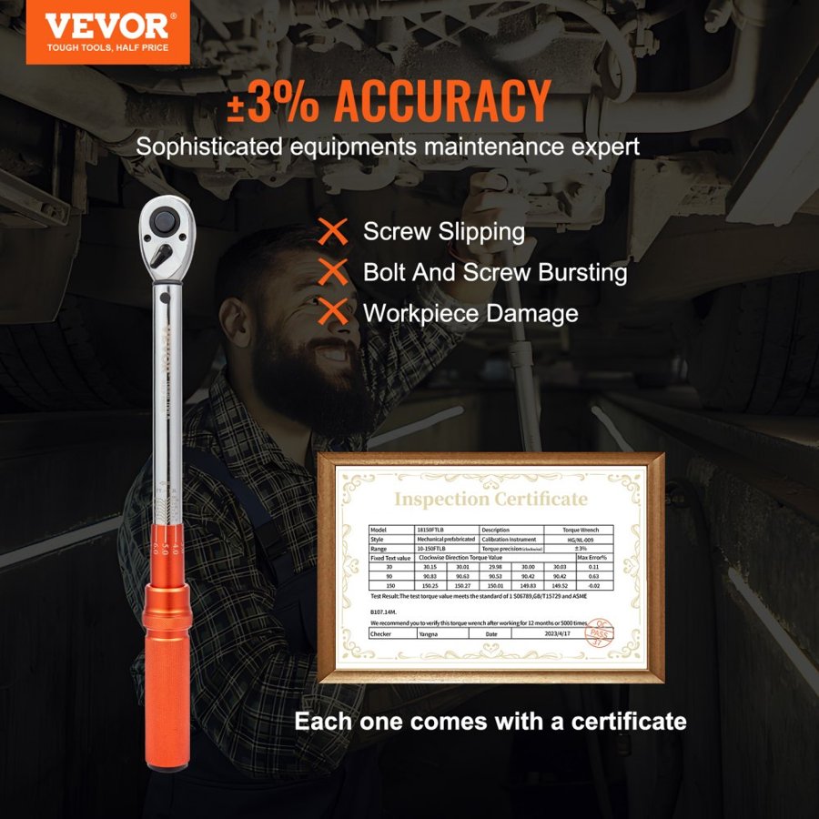 VEVOR Torque Wrench, 1.3 cm Drive Click Torque Wrench 10-150ft.lb/14-204n.m, Dual-Direction Adjustable Torque Wrench Set, Mechanical Dual Range Scales Torque Wrench Kit with Adapters Extension Rod