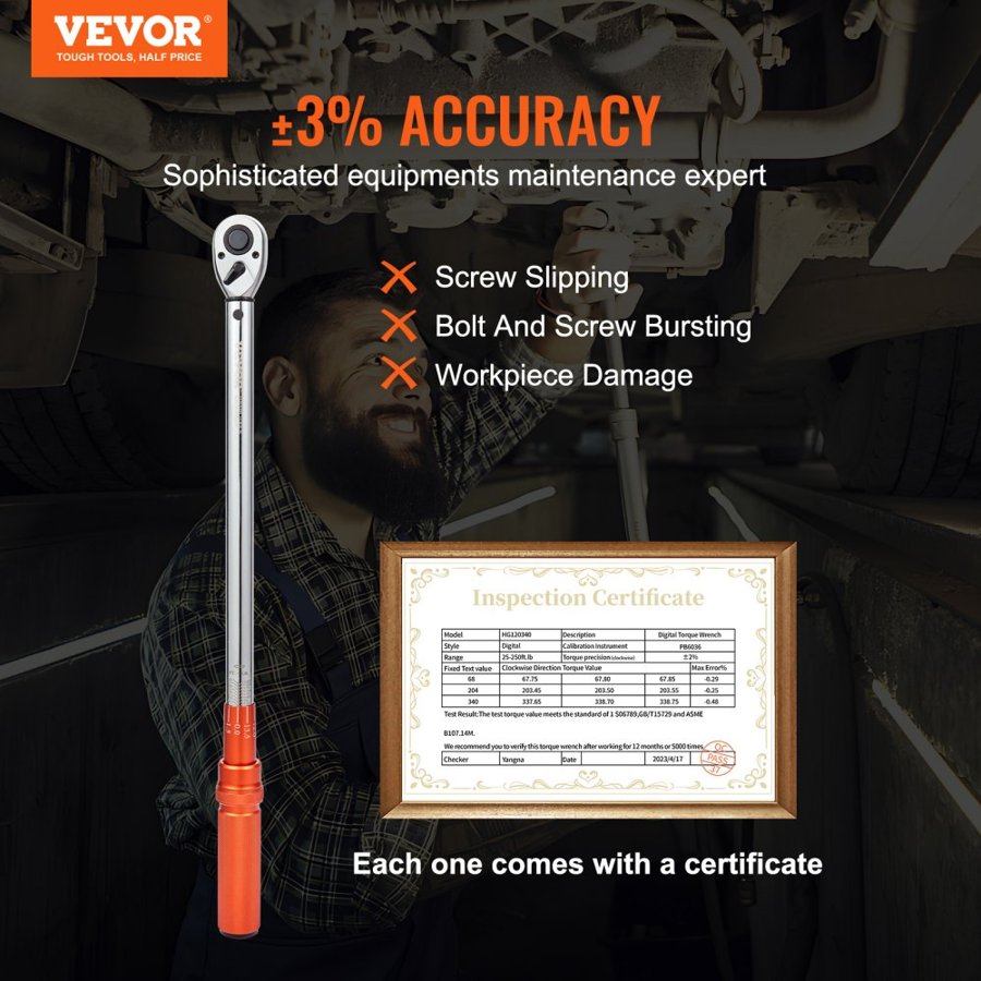 VEVOR Torque Wrench, 1.3 cm Drive Click Torque Wrench 20-250ft.lb/34-340n.m, Dual-Direction Adjustable Torque Wrench Set, Mechanical Dual Range Scales Torque Wrench Kit with Adapters Extension Rod