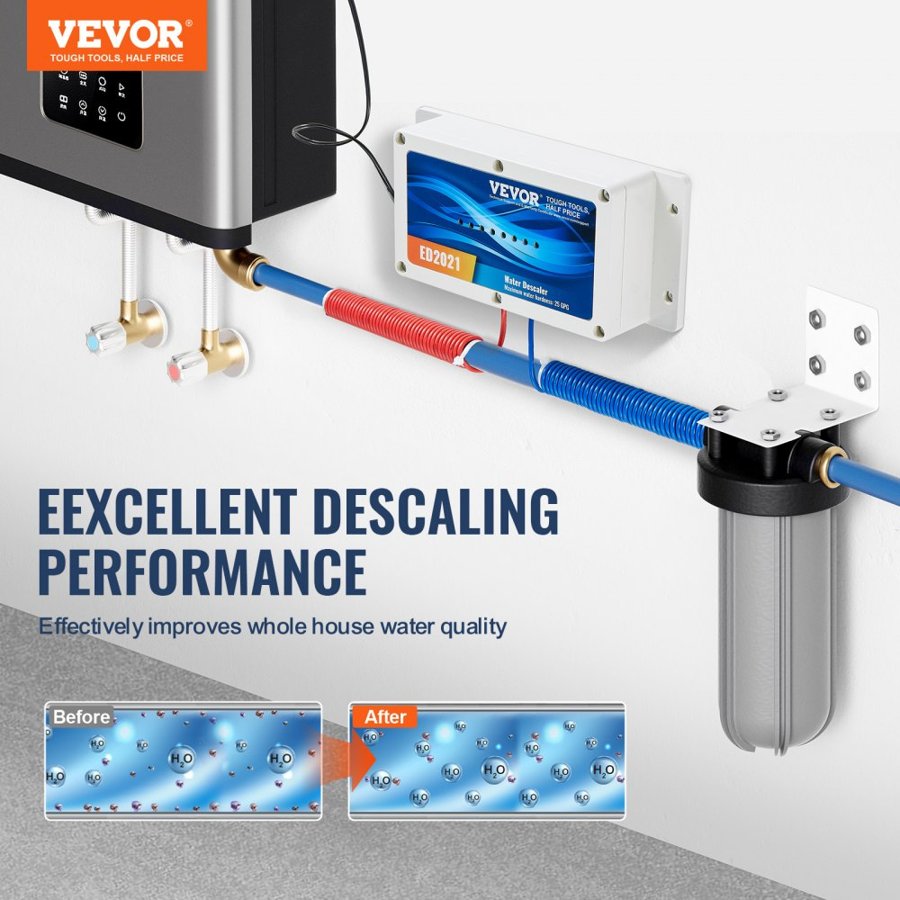 VEVOR Electronic Water Descaler System, Whole House Salt Free Descaler, Hard Water Conditioner to Reduces Scale Build-Up, for All Kinds of Plumbing Pipes, Durable for Over 10 Years
