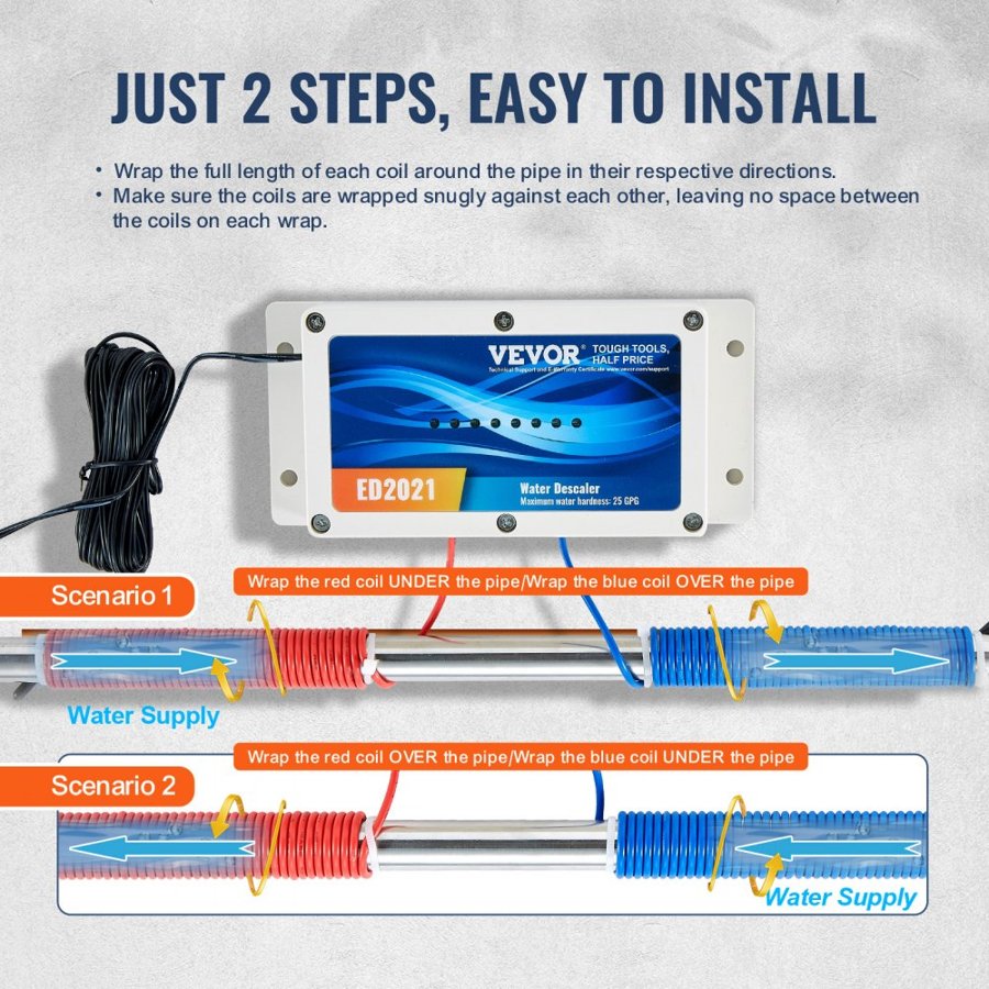 VEVOR Electronic Water Descaler System, Whole House Salt Free Descaler, Hard Water Conditioner to Reduces Scale Build-Up, for All Kinds of Plumbing Pipes, Durable for Over 10 Years