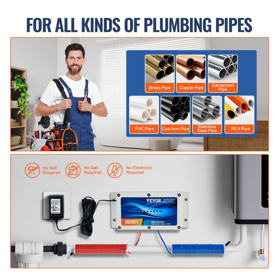 VEVOR Electronic Water Descaler System, Whole House Salt Free Descaler, Hard Water Conditioner to Reduces Scale Build-Up, for All Kinds of Plumbing Pipes, Durable for Over 10 Years
