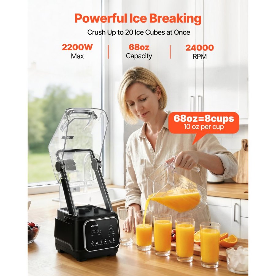 VEVOR Blender, 2L Professional Countertop Blenders with Shield, 2200W 26000RPM Kitchen Food Processor Combo, Self-Cleaning, Speed Adjustable, 6 Preset Menu for Smoothies, Ice Crushing, Puree, Black