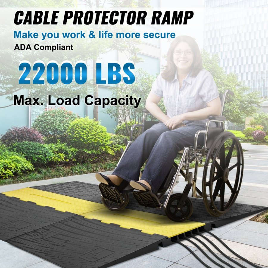 VEVOR Rubber Cable Protector Ramp 114.5x80x5 cm, 5-Channel 10t Capacity Heavy Duty Wire Cover Ramp Hose Cord Ramp Driveway, Traffic Speed Bump with Flip-Open Cover for Indoor & Outdoor