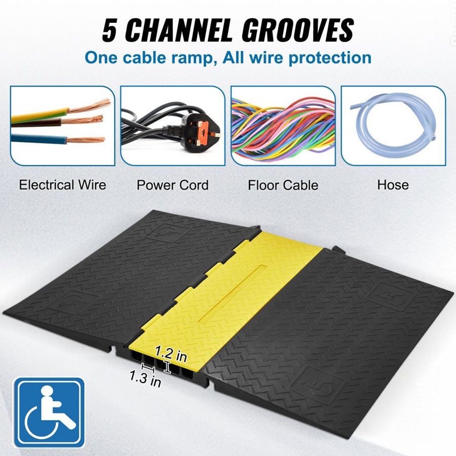 VEVOR Rubber Cable Protector Ramp 114.5x80x5 cm, 5-Channel 10t Capacity Heavy Duty Wire Cover Ramp Hose Cord Ramp Driveway, Traffic Speed Bump with Flip-Open Cover for Indoor & Outdoor