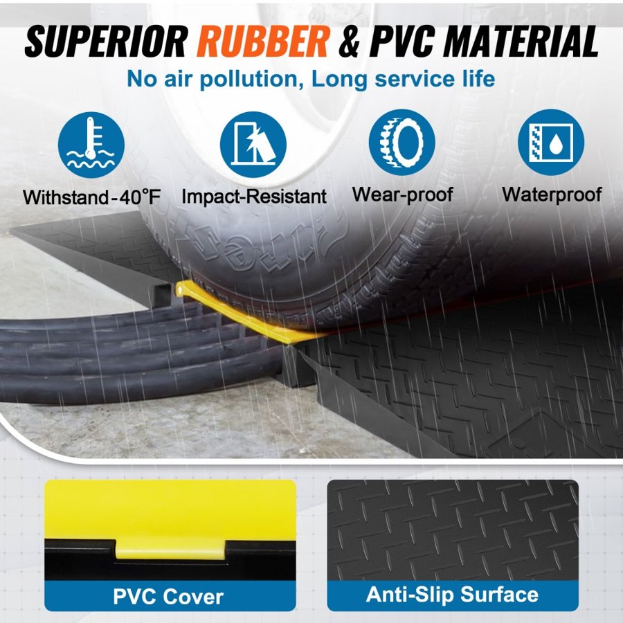 VEVOR Rubber Cable Protector Ramp 114.5x80x5 cm, 5-Channel 10t Capacity Heavy Duty Wire Cover Ramp Hose Cord Ramp Driveway, Traffic Speed Bump with Flip-Open Cover for Indoor & Outdoor