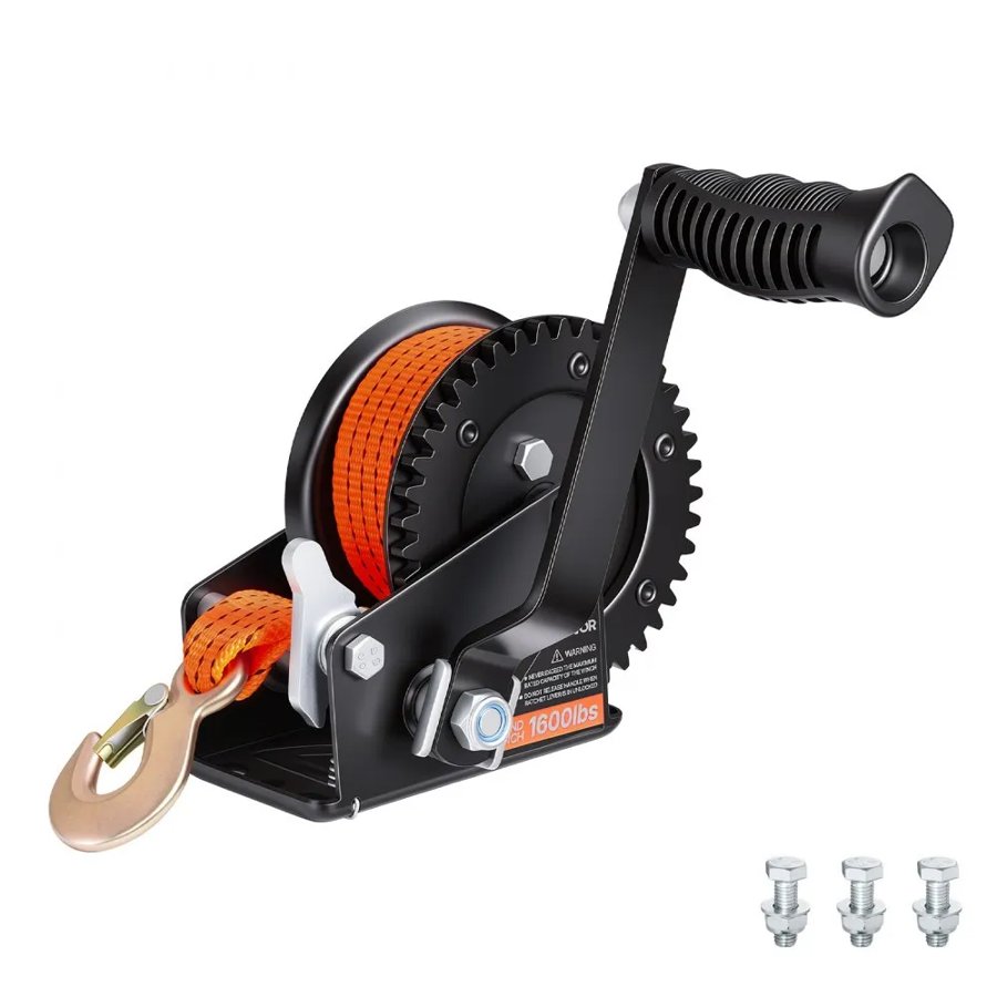VEVOR Boat Winch, 726 kg Hand Winch, Heavy Duty Manual Rope Crank with 6.1m Orange Polyester Strap, Portable Two-Way Ratchet, Anti-Slip Handle Gear for Boat Trailer ATV Towing