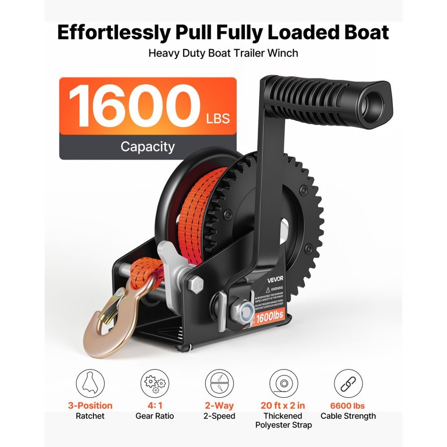 VEVOR Boat Winch, 726 kg Hand Winch, Heavy Duty Manual Rope Crank with 6.1m Orange Polyester Strap, Portable Two-Way Ratchet, Anti-Slip Handle Gear for Boat Trailer ATV Towing
