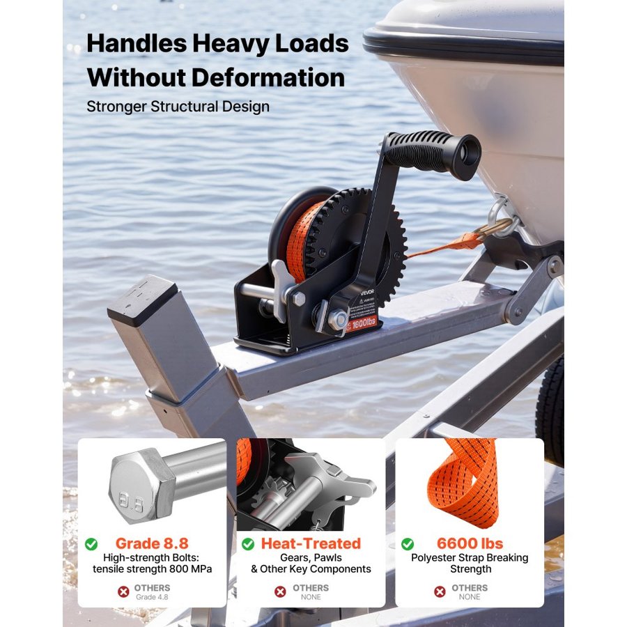 VEVOR Boat Winch, 726 kg Hand Winch, Heavy Duty Manual Rope Crank with 6.1m Orange Polyester Strap, Portable Two-Way Ratchet, Anti-Slip Handle Gear for Boat Trailer ATV Towing