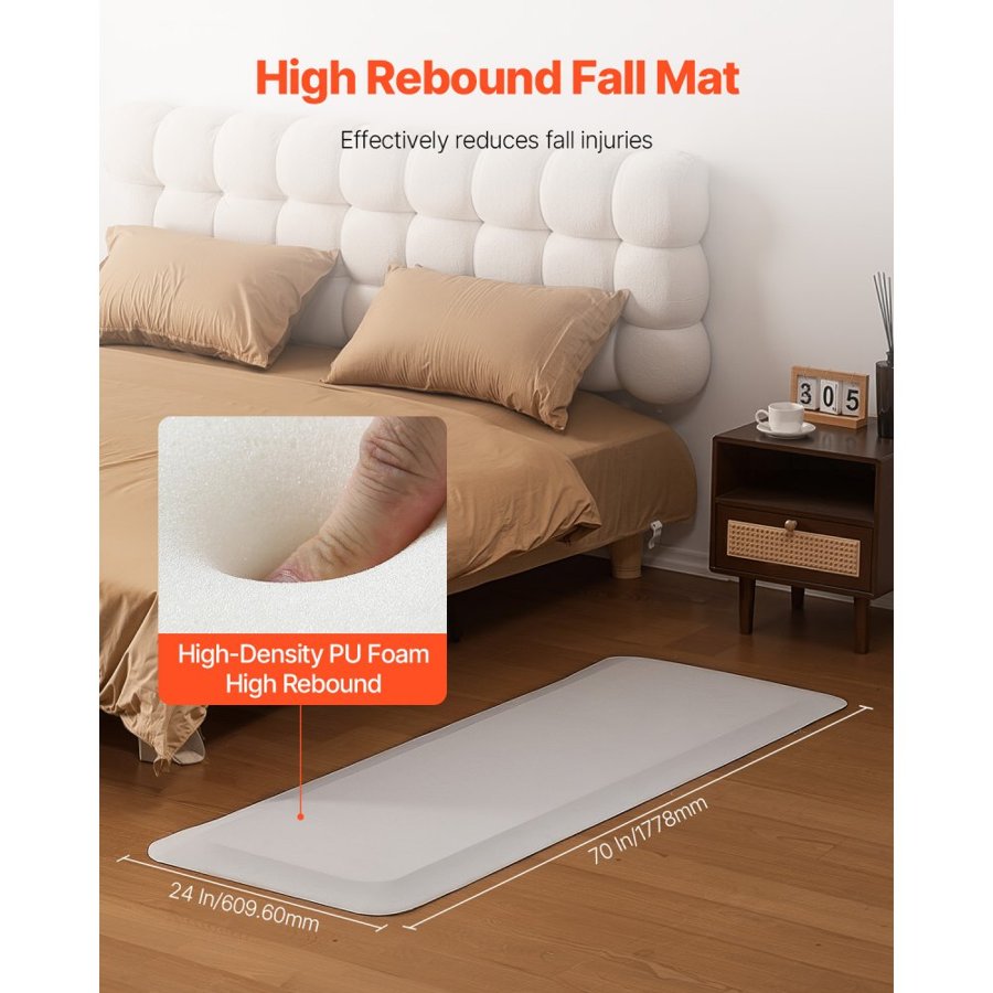 VEVOR Fall Mat for Elderly, 3/4-inch Thickened Fall Prevention Pad with Beveled Edge, Anti-Slip Bedside Safety Floor Mat for Seniors, Handicaps, Patients (24 x 70 inch)